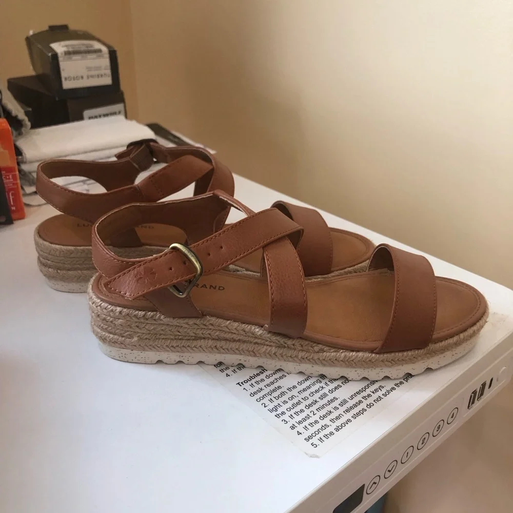 Lucky Brand Brown Espadrille Wedge Platform Sandals Leather Size 7